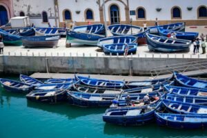 Blue fishing boats in Essaouira harbour