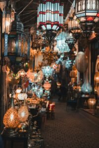 Brass lanterns lit in a Marrakech souk