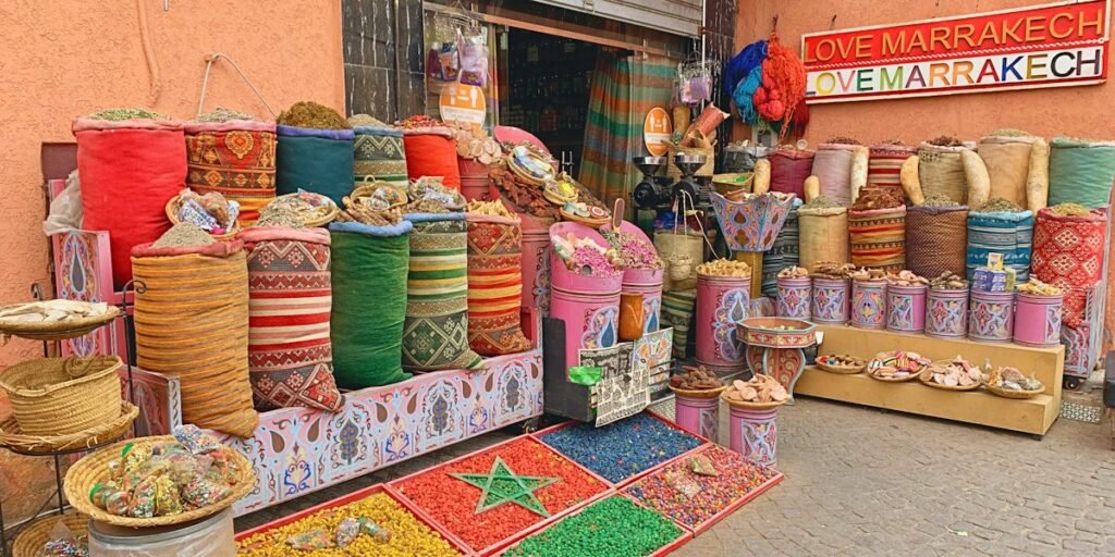 Spice and basket stall in the souks, one of the stops on a Marrakech walking tour of the medina